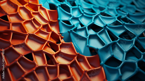A blue and orange patterned surface with a lot of holes photo