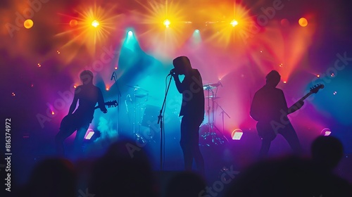 The silhouette of a rock band performing on stage  with colorful lights. The image is in the style of a Chinese artist but without any Chinese characters.