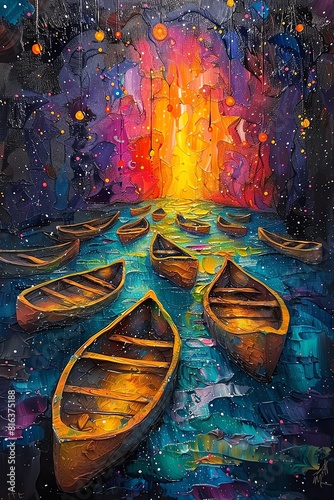 The painting shows a group of boats floating in a river. The boats are surrounded by a colorful sky and a starry night. The painting is very peaceful and serene. photo