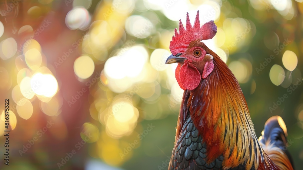 Close up of a rooster in a park with bokeh background Close up of a rooster in a park with bokeh background