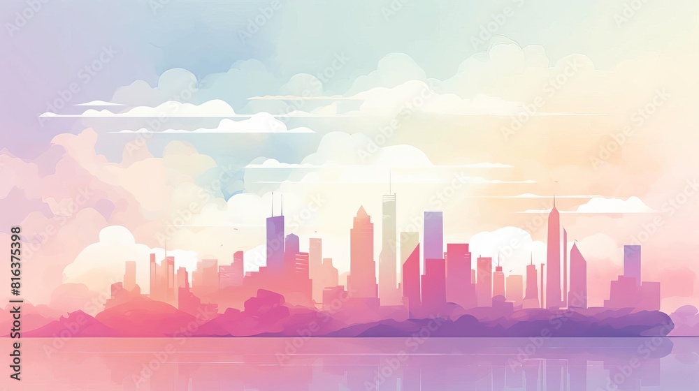 Pastel skyline flat design side view soft hues theme water color triadic color scheme