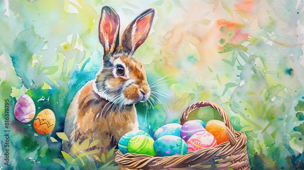 Vibrant watercolor painting of a bunny with a basket of colorful Easter eggs, set against a backdrop of spring greenery