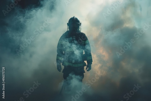 Firefighter standing in smoke, back view, full body