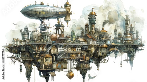 A watercolor of a steampunk city during the great airship race
