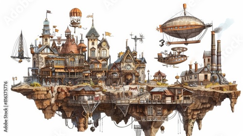 A watercolor of a steampunk city during the great airship race photo