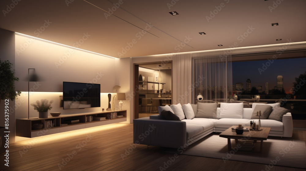 Fototapeta premium A modern living room with a large white couch and a flat screen TV