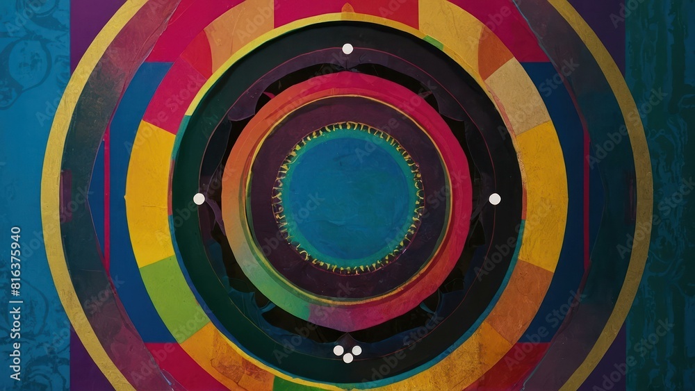 Colorful round rug with concentric circles on a wooden floor Colorful round rug with concentric circles on a wooden floor