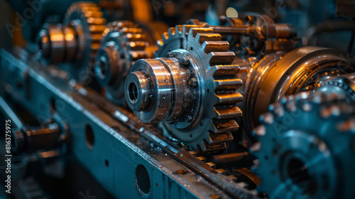 Detailed close-up of heavy machinery gears and cogs in operation, showcasing industrial engineering and mechanics.