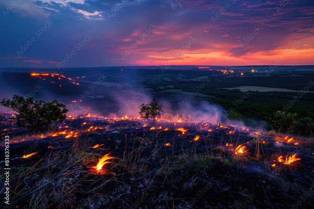 A large fire burned in the forest atop grassland at nighttime, with fire flames and smoke in the background.
