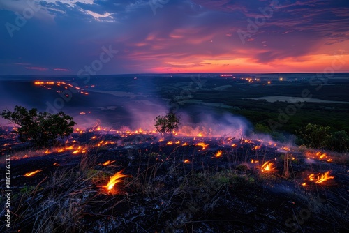 A large fire burned in the forest atop grassland at nighttime  with fire flames and smoke in the background.