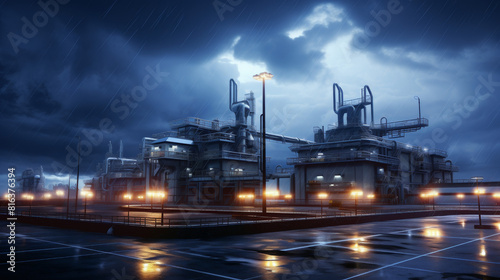 A dark, stormy night with a large industrial complex in the background