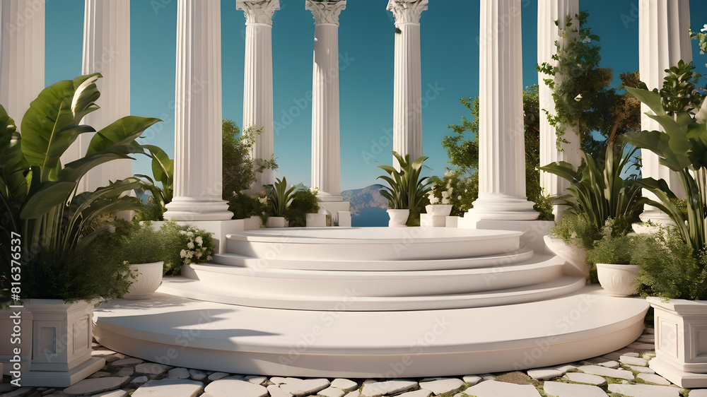 Naklejka premium Background podium column 3d roman luxury greek white ancient display product classic. Podium platform background column pillar stage minimal stand beauty design greece render scene plant cosmetic rome
