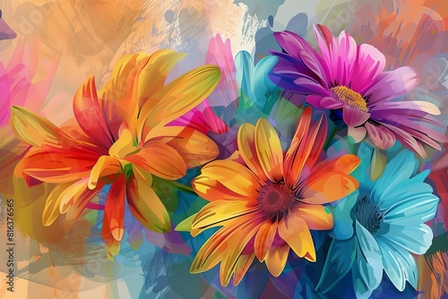 Abstract watercolor painting of colorful flowers.