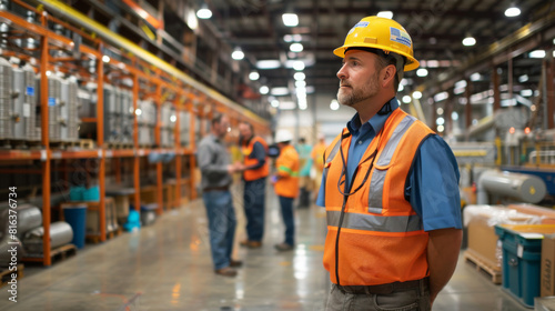 Male supervisor in safety gear oversees work at a busy warehouse. photo