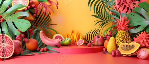 Circus stage podium background displaying a variety of exotic fruits from around the world