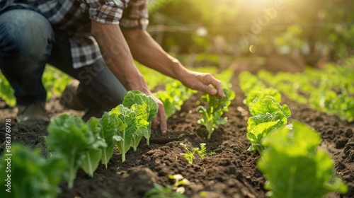 Farmer planting lettuce seedling in eco friendly farmland