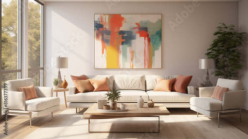 Modern Living Room with Abstract Art  Comfortable Seating  and Warm Colors