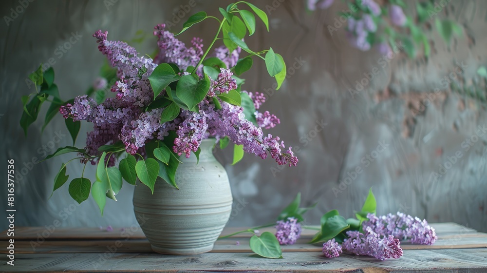 Beautiful lilac flowers in a ceramic vase on a wooden table Beautiful lilac flowers in a ceramic vase on a wooden table