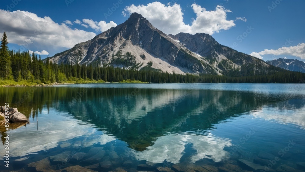 Panoramic view of a tranquil lake with mountains and forest Panoramic view of a tranquil lake with mountains and forest