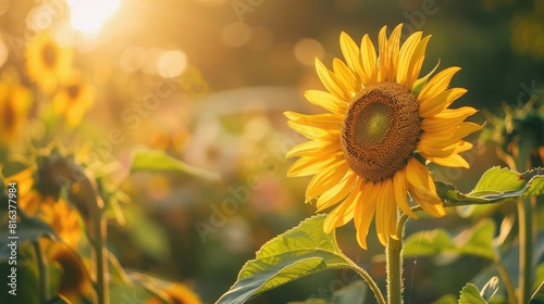 A vibrant sunflower in full bloom  bathed in golden sunlight with a blurred background of green leaves and other flowers.