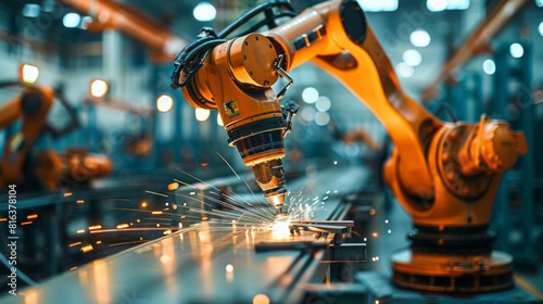 An industrial robotic arm performs precise welding tasks in a manufacturing assembly line, showcasing advanced automation technology.