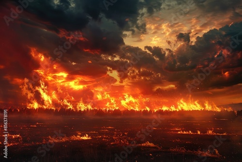 A wide shot shows a fire on flat land  with a large forest burning in the far distance. 