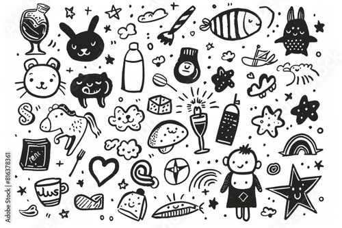 Baby hand drawn doodle set. Vector illustration for backgrounds  web design  design elements  textile prints  covers set vector icon  white background  black colour icon