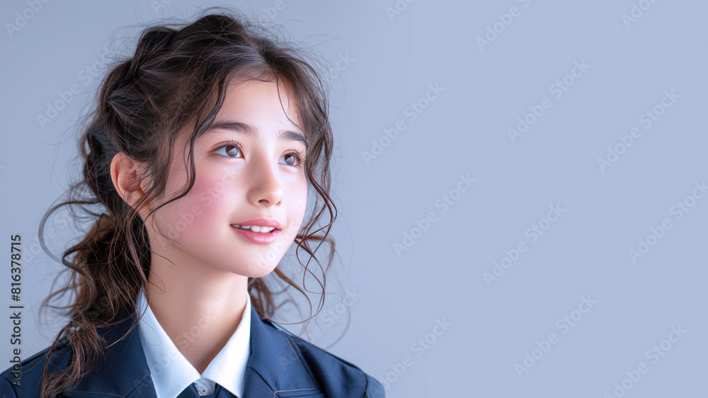 Asian school girl looking at copy space, student and education concept Asian school girl looking at copy space, student and education concept