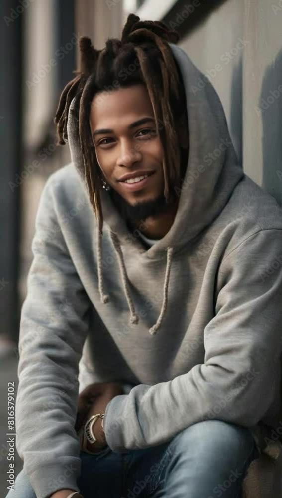 front portrait of a young man with dreadlocks in a laid-back hoodie a