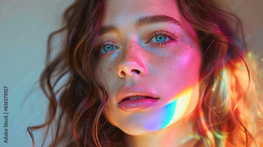 Naklejka premium Intensely realistic portrait of a transgender woman with a subtle rainbow highlight, reflecting her identity and the spirit of Pride Month