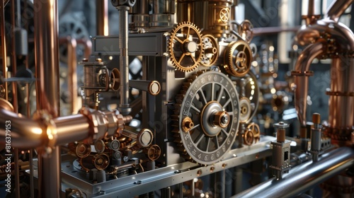 In a steampunk workshop, a frame mockup is mounted amidst gears and copper pipes, reflecting the intricate mechanical aesthetics in a dynamic 3D render
