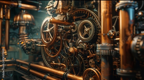 In a steampunk workshop, a frame mockup is mounted amidst gears and copper pipes, reflecting the intricate mechanical aesthetics in a dynamic 3D render © JK_kyoto