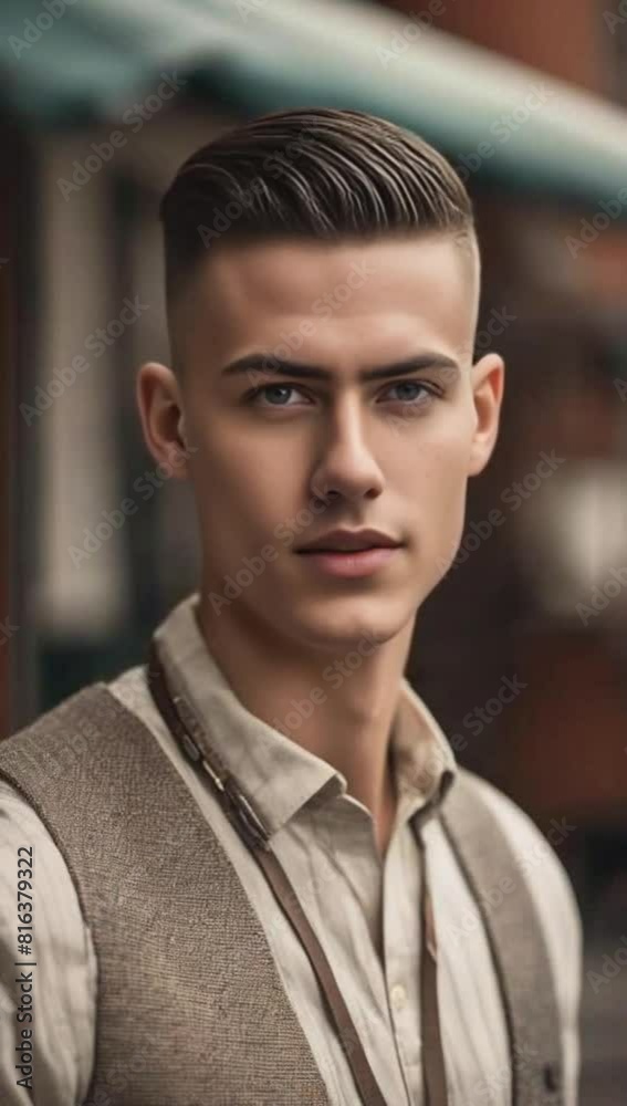front portrait of a young man with a crew cut in a vintage-inspired o front portrait of a young man with a crew cut in a vintage-inspired o
