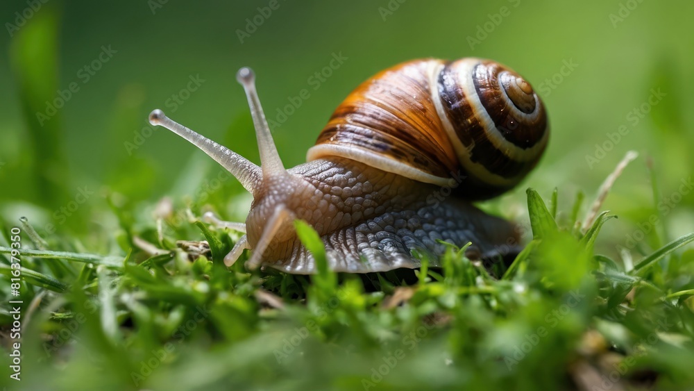 Close up of a snail gliding through green grass Close up of a snail gliding through green grass
