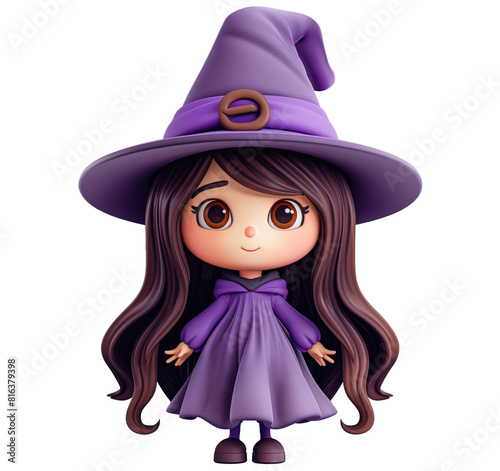 Cute witch in children s 3d style  halloween character  rendering of a sorceress in a hat  carved background