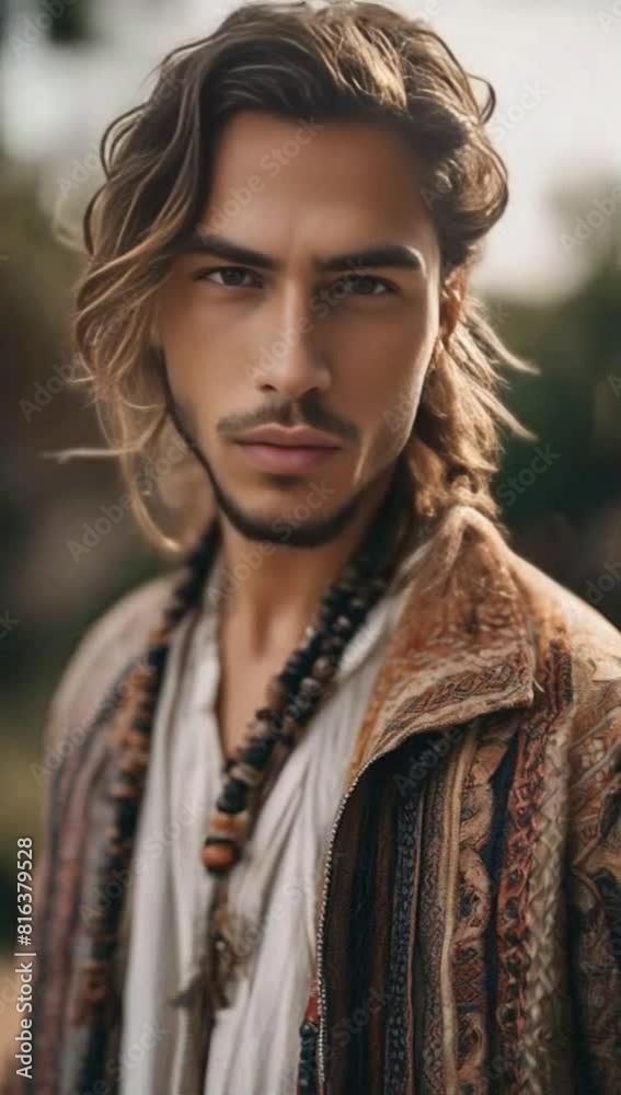 front portrait of a young man with long hair tied back in a bohemian- front portrait of a young man with long hair tied back in a bohemian-