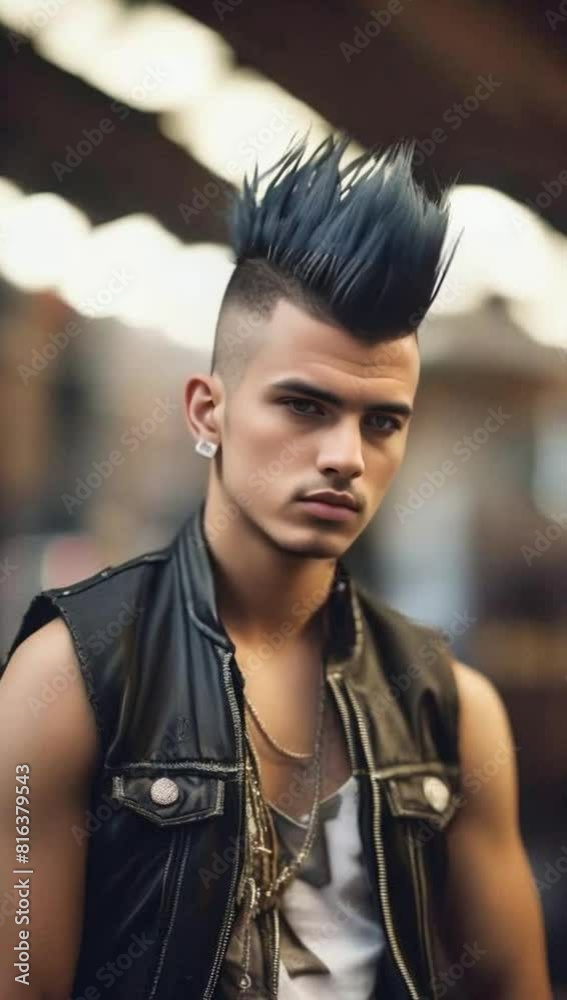 front portrait of a young man with a mohawk hairstyle in a punk-inspi