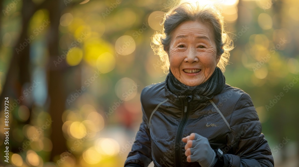 Joyful Run: Happy Asian Elderly Woman Running in the Park with Sunlight and Sparkling Eyes