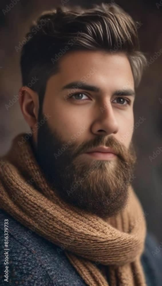 front portrait of a young man with a beard in a cozy sweater and scar front portrait of a young man with a beard in a cozy sweater and scar