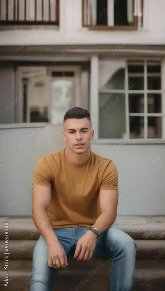 front portrait of a young man with a crew cut in a simple t-shirt and