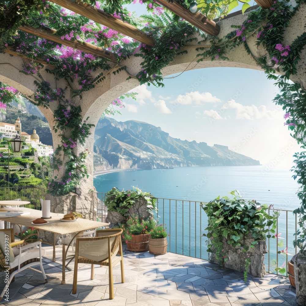 Fototapeta premium On a serene balcony overlooking the Amalfi coast, a frame mockup captures the essence of Italian seaside charm, rendered in breathtaking 3D detail