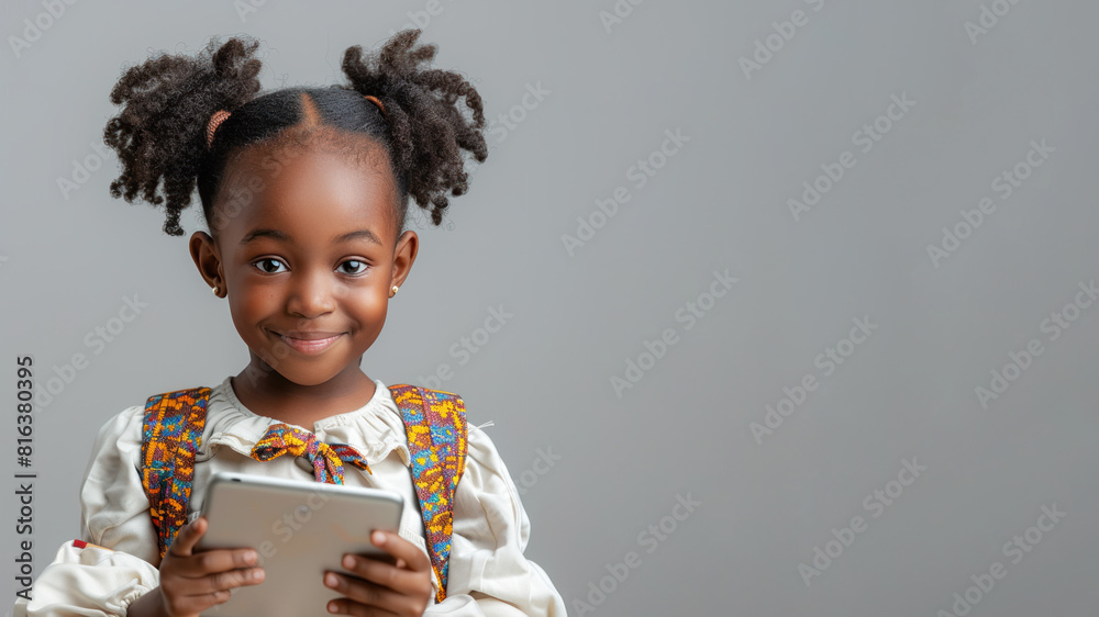 African school girl holding tablet with backpack, student, technology, education