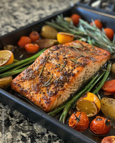 Baked and roasted salmon, healthy high-protein meal