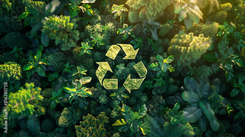 A vibrant eco-friendly recycling symbol overlay on dense tropical jungle foliage highlighting environmental sustainability.