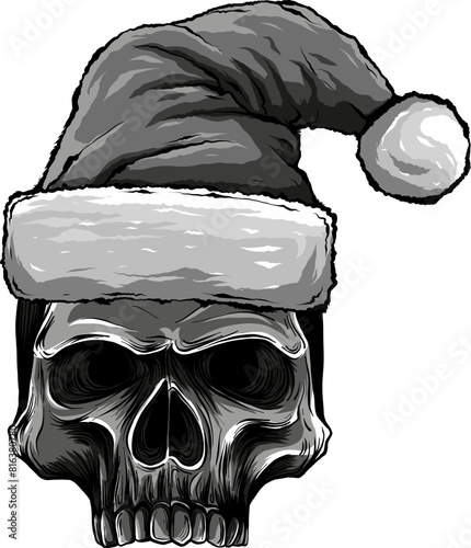 monochrome outline drawing of a horror santa claus skull with hat pompom.