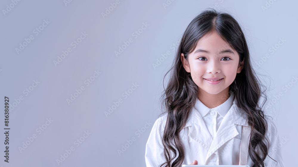 Malay school girl holding tablet with backpack, student, technology, education Malay school girl holding tablet with backpack, student, technology, education