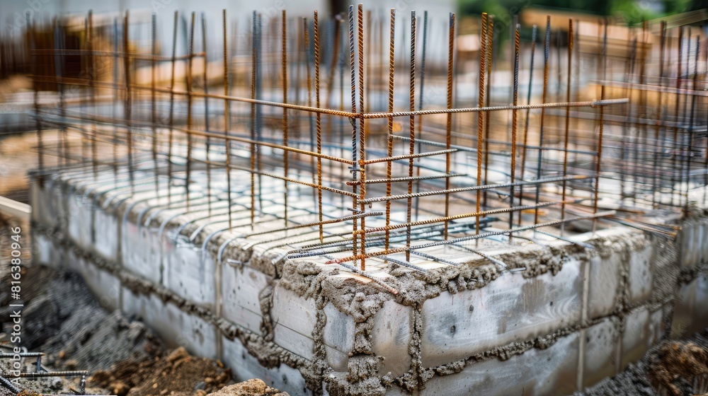 Fototapeta premium Foundation of a new building constructed with reinforced concrete basement level and metal rods to enhance structural stability in civil engineering projects