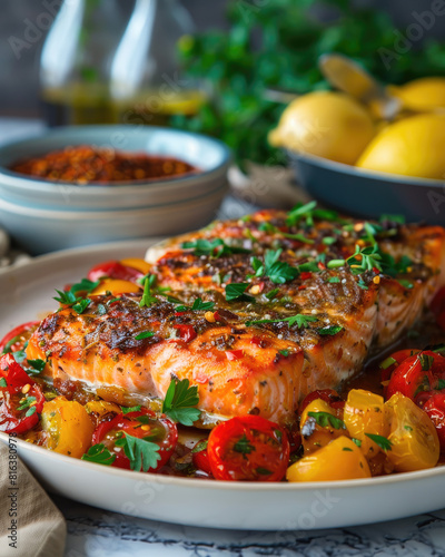 Baked and roasted salmon with herbs and summer tomatoes, healthy high-protein meal