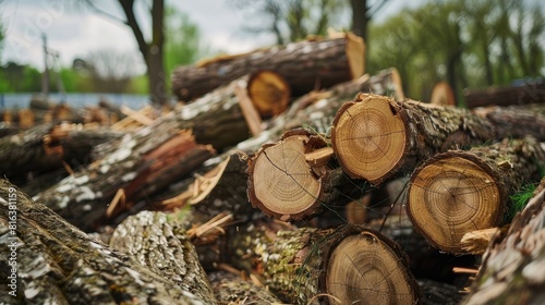 close up photo of pile cut down trees  pile wood for construction in spring time outdoors