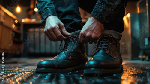 Close up view of a man fastening his dark colored footwear